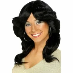 Smiffys 70s Flick Wig Long Black Wavy Womens Ladies Disco Fancy Dress Costume Accessory