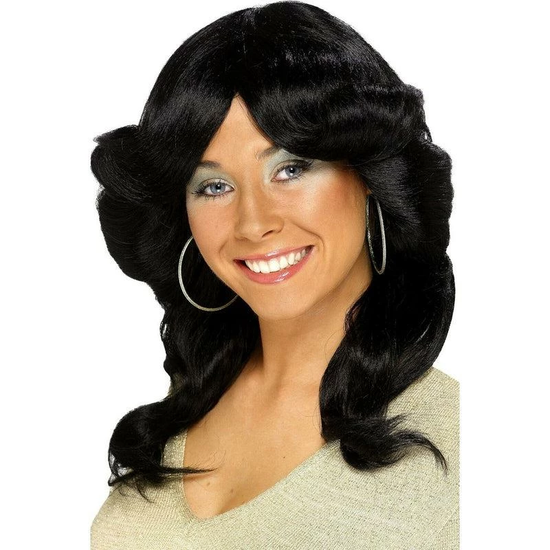 Smiffys 70s Flick Wig Long Black Wavy Womens Ladies Disco Fancy Dress Costume Accessory 1 Smiffys 70s Flick Wig Long Black Wavy Womens Ladies Disco Fancy Dress Costume Accessory