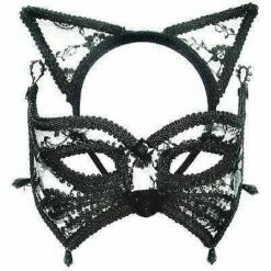 Black Lace Cat Mask & Ears Masquerade Ball Mask On Headband Fancy Dress