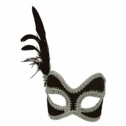 Female Eye Mask, Feather, Polyester, Acrylic Stone, Black And Silver, One Size