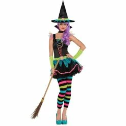 AMSCAN Girls Teen Neon Witch Costume Child Halloween Fancy Dress Outfit Ages 10-16