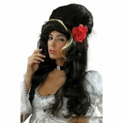 Ladies Amy Winehouse Beehive Wig With Red Rose Fancy Dress Costume Accessory