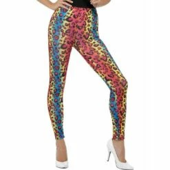 Smiffys Ladies Neon Leopard Print Leggings Colorful Rainbow 1980s Fancy Dress Outfit