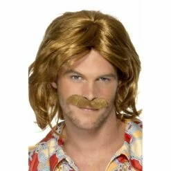 Smiffys Mens 70s Super Trouper Brown Wig & Moustache Disco Fancy Dress Accessory
