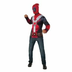 Mens Deadpool Shirt & Mask Costume Halloween Super Hero Fancy Dress Outfit Kit
