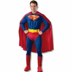 Mens Deluxe Superman Costume Muscle Chest Superhero Fancy Dress Film Outfit